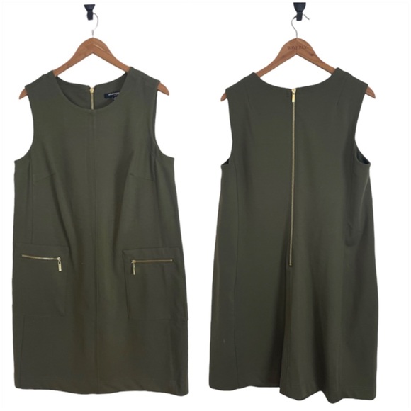 Sharagano Green Sheath Dress with Exposed Zippers on Front Pockets and down Back - Picture 4 of 7